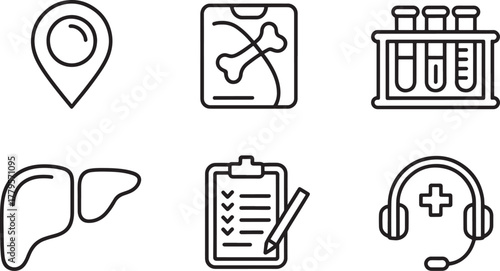 Medical and Healthcare Icons Set With Pin Liver Xray Test Tubes Keywords: medical, health, healthcare
