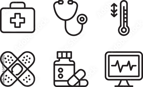 Medical Icons Set With First Aid Kit Stethoscope Thermometer Bandage Pills and Monitor minimalist traced