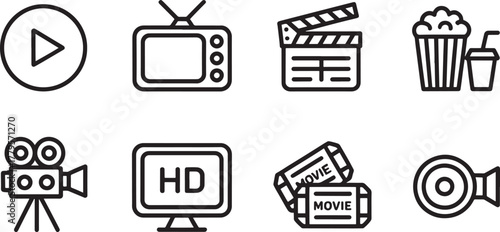 Movie and entertainment icons set with play button TV clapperboard popcorn and camera Keywords: play