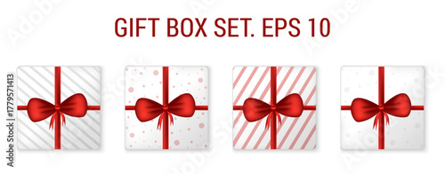 Gift box set. EPS 10. White gift boxes with red ribbon and print.