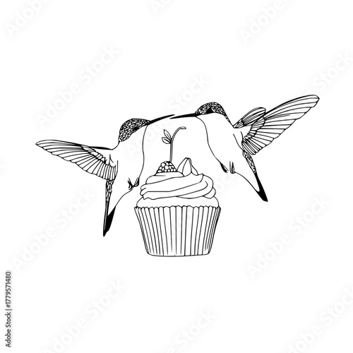 Two hummingbirds hovering near a cupcake topped with a berry and leaf in a black and white line drawing