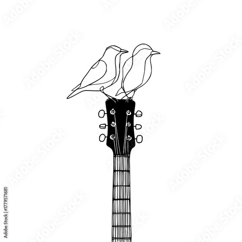 Two birds perched atop a guitar headstock depicted in a minimalist black and white line drawing style