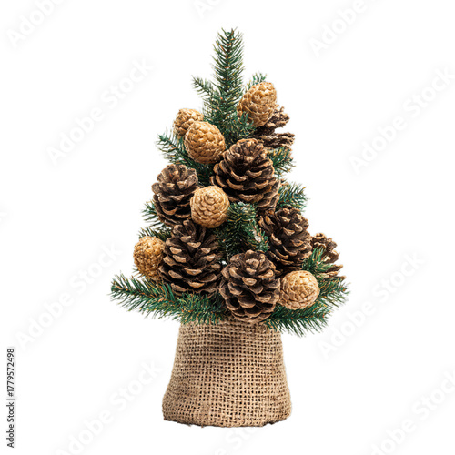 Mini Christmas tree with natural pinecones and burlap base. Isolated white background. Png format