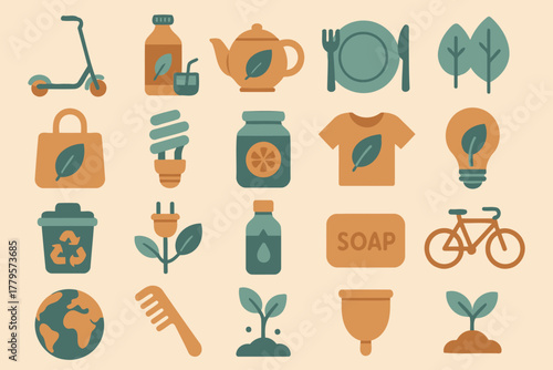 Collection of eco friendly sustainable living icons representing environmental protection and green lifestyle choices for a healthy planet