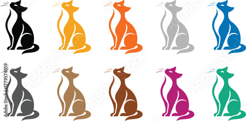 Stylized cat silhouettes in multiple colors, Colorful feline icons collection on white background