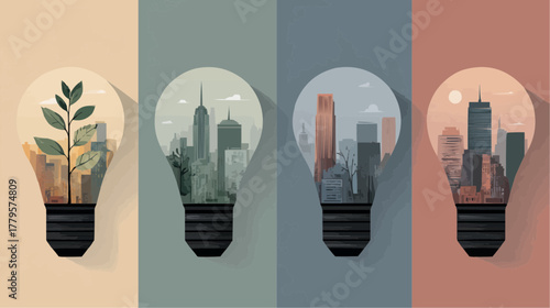 Conceptual vector illustration of four lightbulbs showing transition from green energy to modern city growth, symbolizing sustainability, innovation, and environmental progress