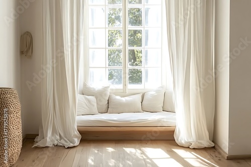 A bright window nook with soft white curtains, light wood flooring, and linen cushions 