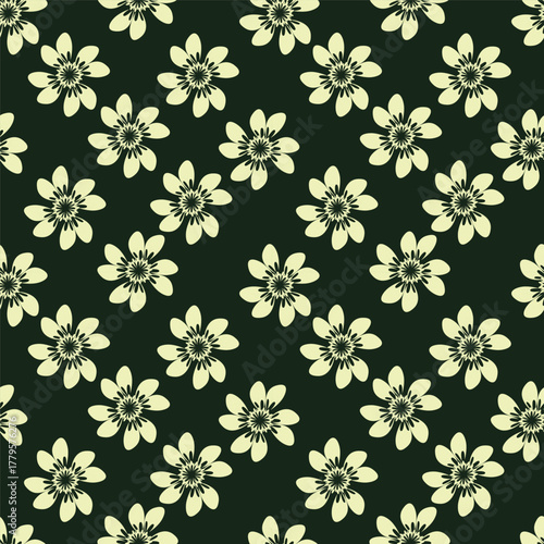 Seamless floral pattern, liberty ditsy print with cute large botany in retro folk style. Beautiful botanical design of hand drawn wild plants: flowers, leaves on black background. Vector illustration