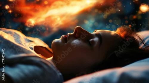 Journey into Slumber: A peaceful figure rests in deep slumber, their mind adrift in a celestial realm of stars and nebulae. This visual exploration captures the serene world within.