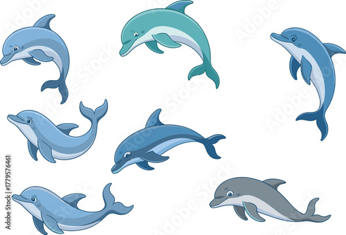 Cartoon dolphins swimming, playful sea animals, various poses and colors, vector illustration, marine life, ocean creatures, aquatic character set