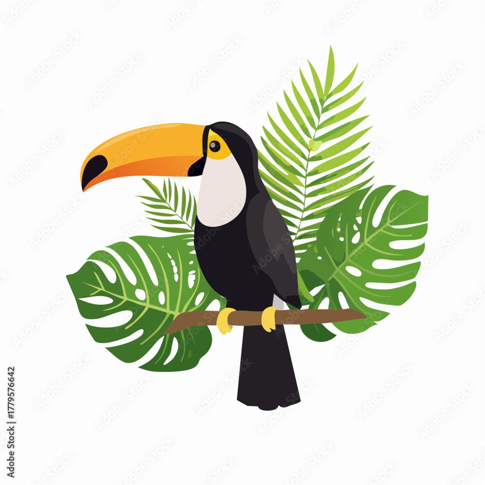 Fototapeta premium Exotic toucan illustration with tropical foliage a vibrant representation of rainforest wildlife