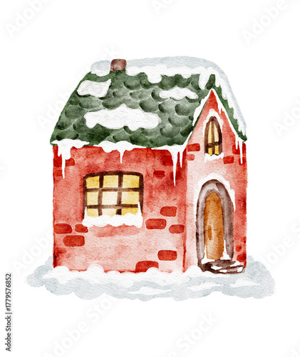 Watercolor winter Christmas house with snow on the roof and around it.