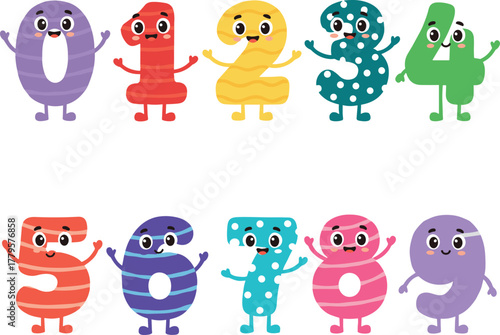 Cartoon numbers 0 to 9, colorful characters, smiling faces, arms and legs, educational vector illustration, playful design, kids learning concept