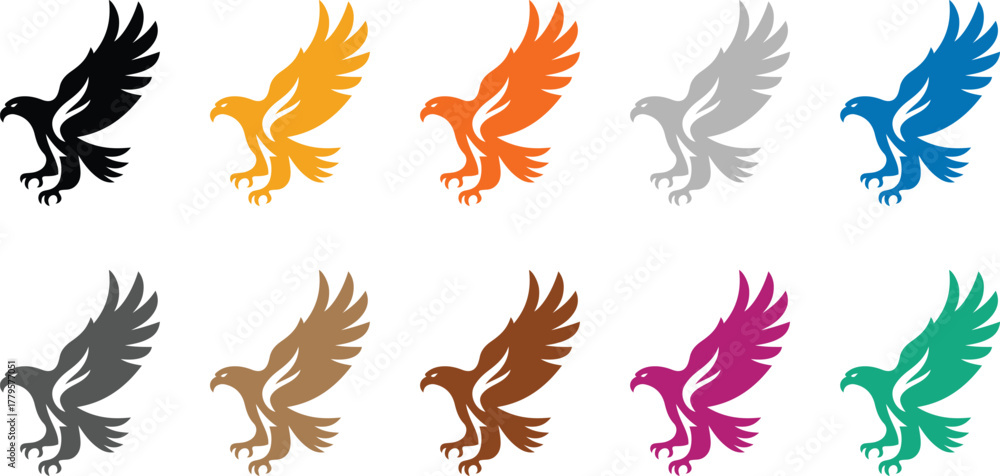 Obraz premium Colored eagle silhouettes in various hues, Multicolor flying eagle icons collection