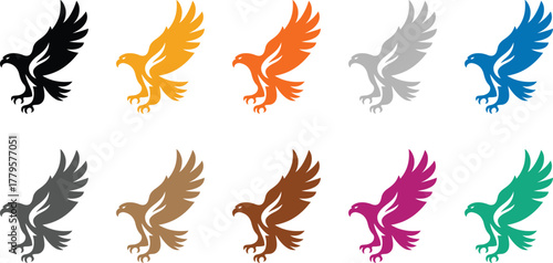 Colored eagle silhouettes in various hues, Multicolor flying eagle icons collection