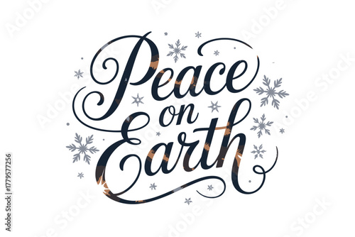 Peace on Earth handwritten lettering with snowflakes and sparkles
