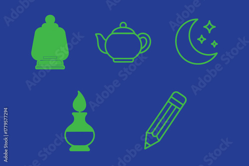Set of five simple green line art icons on a dark blue background depicting a lantern teapot crescent moon with stars an oil lamp and a pencil