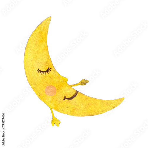 Cute crescent moon character smiling and sleeping isolated.