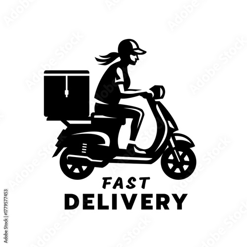 Logo of a delivery girl on a moped. Fast delivery.