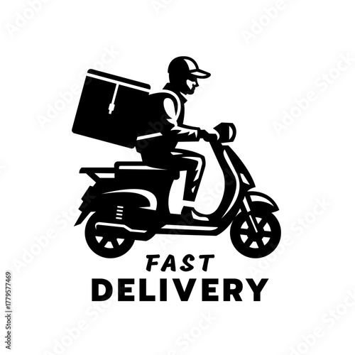 Delivery driver logo on a moped. Fast delivery.