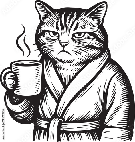 tired cat with cup of coffee