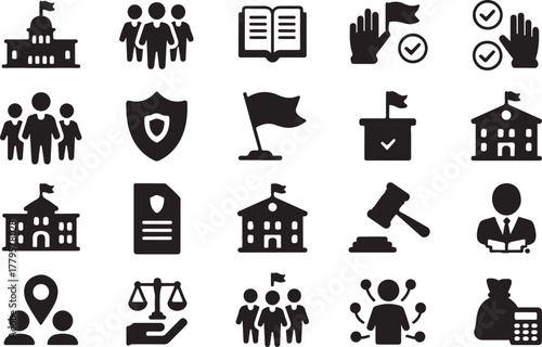 Government, Law, and Education Icon Set | Justice, Policy, and Social Awareness Vectors
