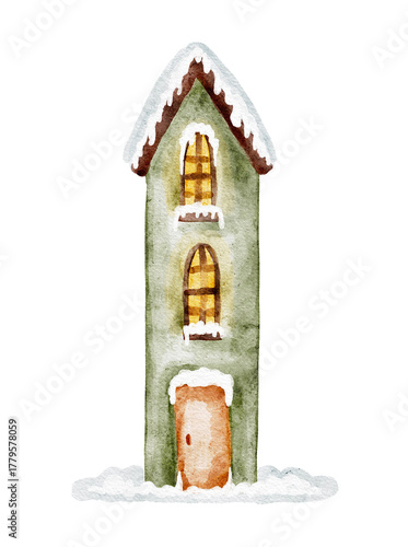 Watercolor illustration of a winter house.