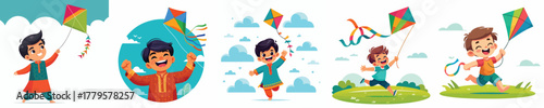 vector of a small Indian boy playing a kite