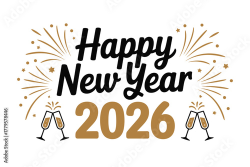 Happy New Year 2026 with fireworks and champagne glasses