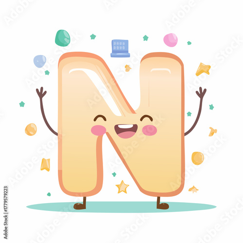 Whimsical letter 'N' character amidst colorful confetti, radiates cheerful innocence and playful