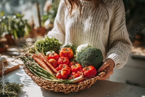A person holding a large wicker basket overflowing with fresh, vibrant, organic vegetables like carrots, tomatoes, broccoli, and asparagus, symbolizing healthy eating and a farm-to-table lifestyle.