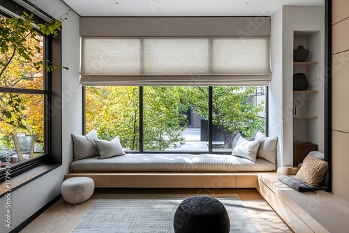 A floor-to-ceiling window nook with wide ledge seating and minimalist roman shades 