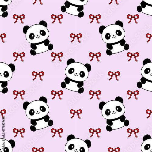 Cute seamless panda pattern with bows on pink background. Design for kids textile and fabric, home decor elements, wrapping paper. Vector print for baby boy and girl