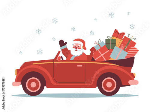 Santa Claus waves from a vintage red car filled with Christmas presents.