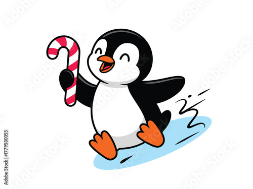 A happy cartoon penguin slides while holding a candy cane on a white background
