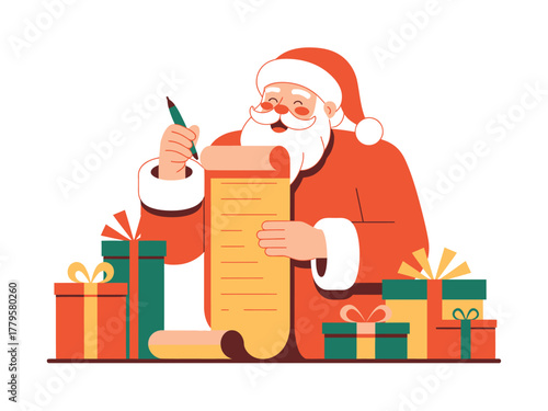 Santa Claus writes on a long list surrounded by presents.