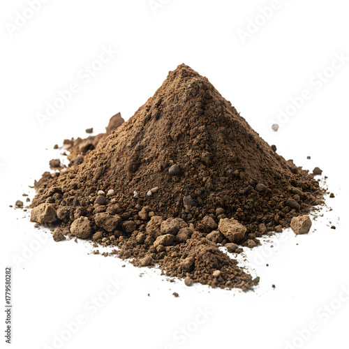 A pile of dark brown soil and small rocks against a black background in a studio setting image