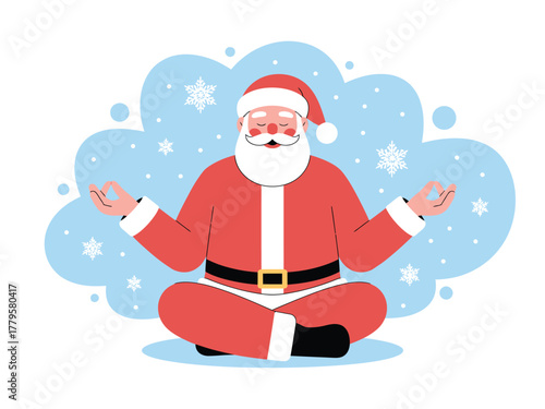 Santa Claus meditating peacefully in a calm state surrounded by snowflakes