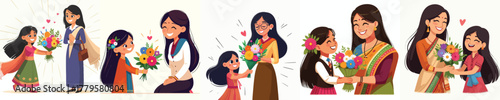 A little Indian girl gives flowers to her teacher