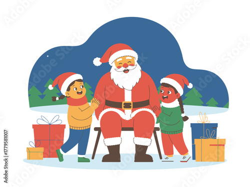 Santa Claus sits with two children next to Christmas gifts in the snow.