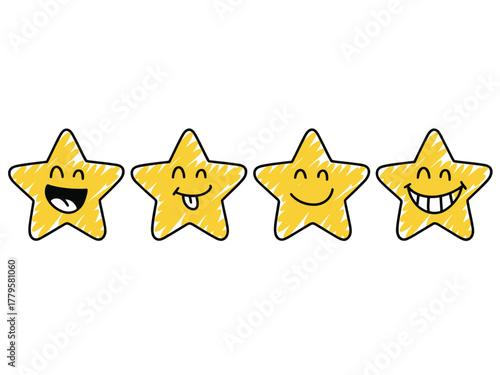 Four cartoon stars with different happy facial expressions are lined up against a white background.