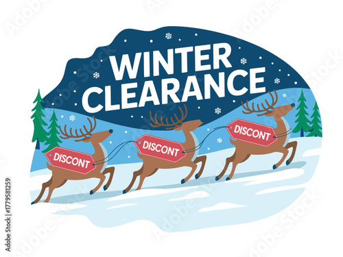 Winter clearance sale with reindeer pulling discount tags in a snowy scene