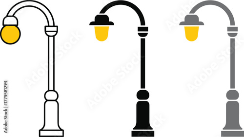 Stylized street lamps, three color variations, curved arm design, yellow bulb, vector illustration, urban lighting icons, decorative outdoor elements