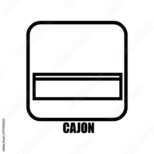 A black and white illustration of a cajon drum outline with the word cajon at the bottom center