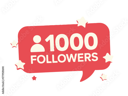 A notification bubble displays "1000 FOLLOWERS" with a person icon and surrounding stars.