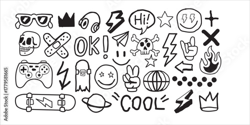 
Hand Drawn Doodle Sticker Set Cool Urban Youth Culture Icons and Symbols