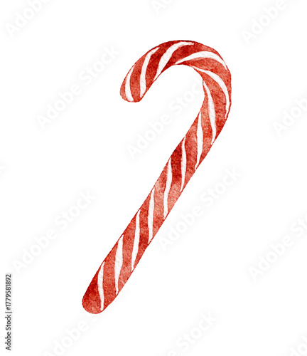 Red and white striped Candy Cane on white background.