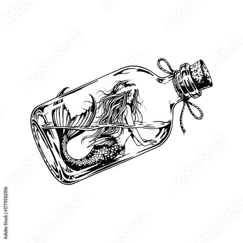 Beautiful mermaid trapped inside a glass bottle with cork and rope detail