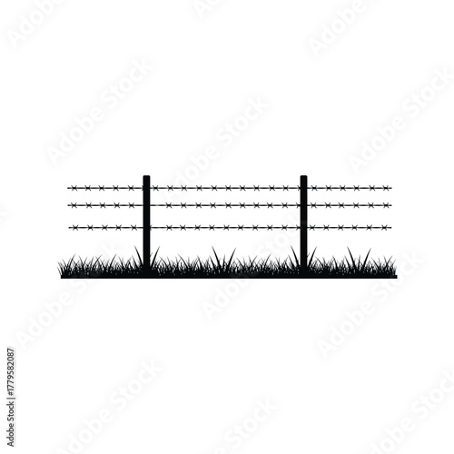 Black silhouette of a barbed wire fence with three strands supported by wooden posts and grass at the bottom