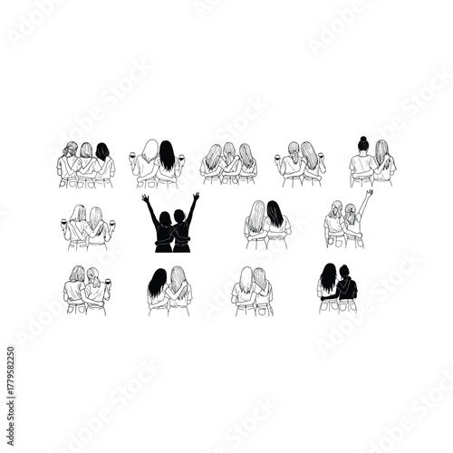 Collection of diverse hand drawn illustrations depicting female friendship and togetherness with arms around each other